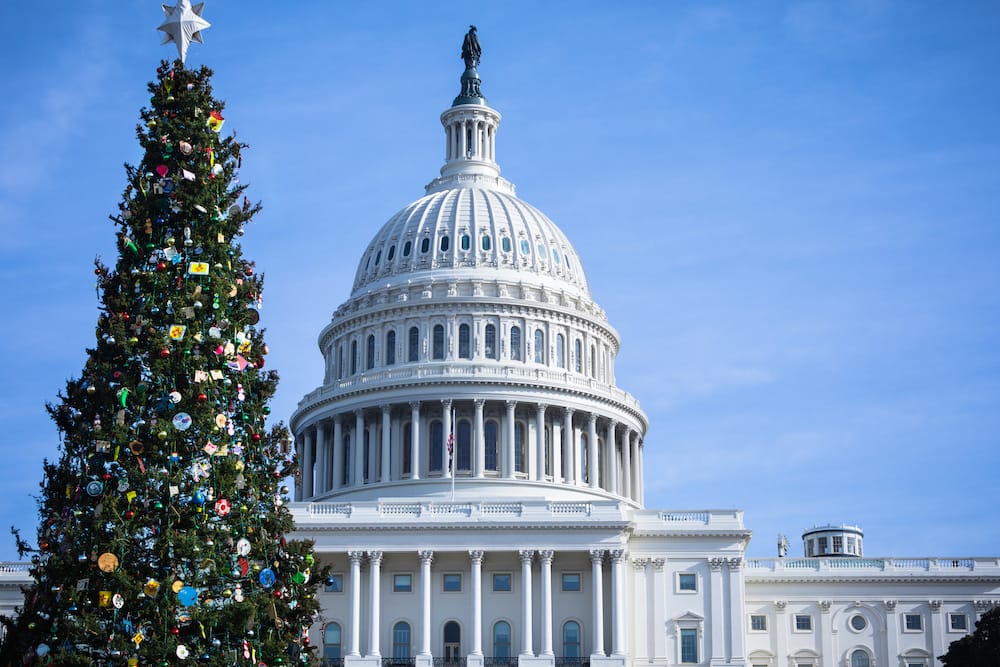 The white, domed Capitol Building in Washington DC with the tall Christmas tree standing in front of it and a clear blue sky as the backdrop.