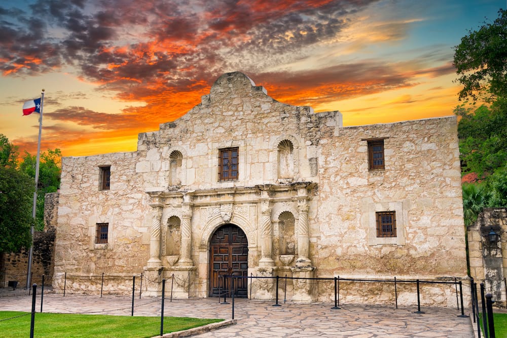 The Alamo - a historic building in San Antonio - at sunset.