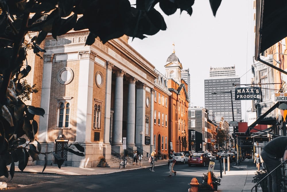 A view of Rittenhouse Square in Philadelphia, featuring old historical buildings in October.