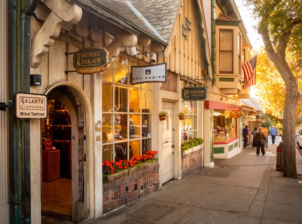 The quaint shops in Carmel-by-the-Sea with European architecture and a storybook village feel.