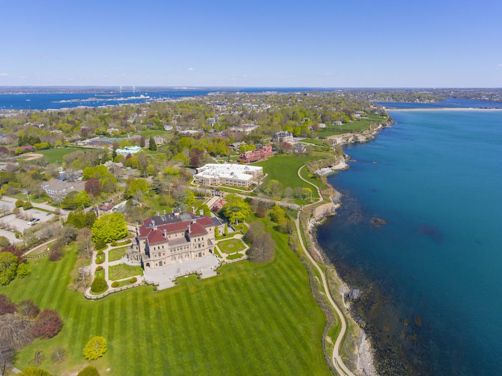 An aerial view of the Breakers and Cliff Walk in Newport - one of the best places to visit in the USA in June.