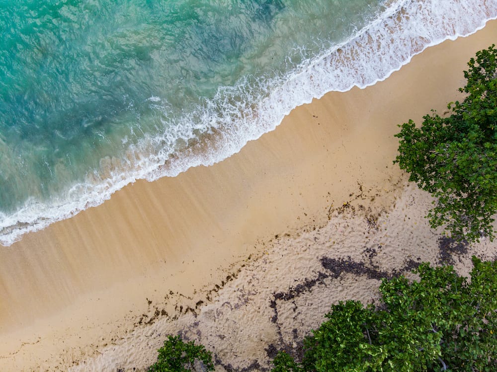 A greenish-blue wave lapping onto a golden beach in the U.S. Virgin Islands