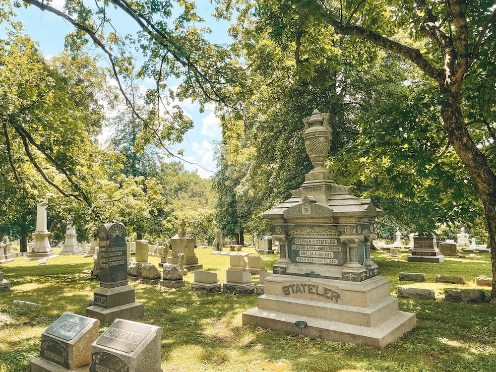 Weekend in Louisville - Cave Hill Cemetery in Lousiville with headstones and gravestones surrounded by trees - Travel by Brit