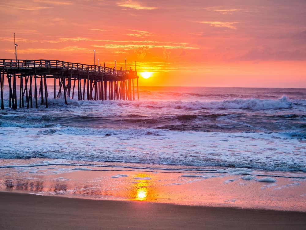 A pier on the beach at sunset in the Outer Banks, North Carolina