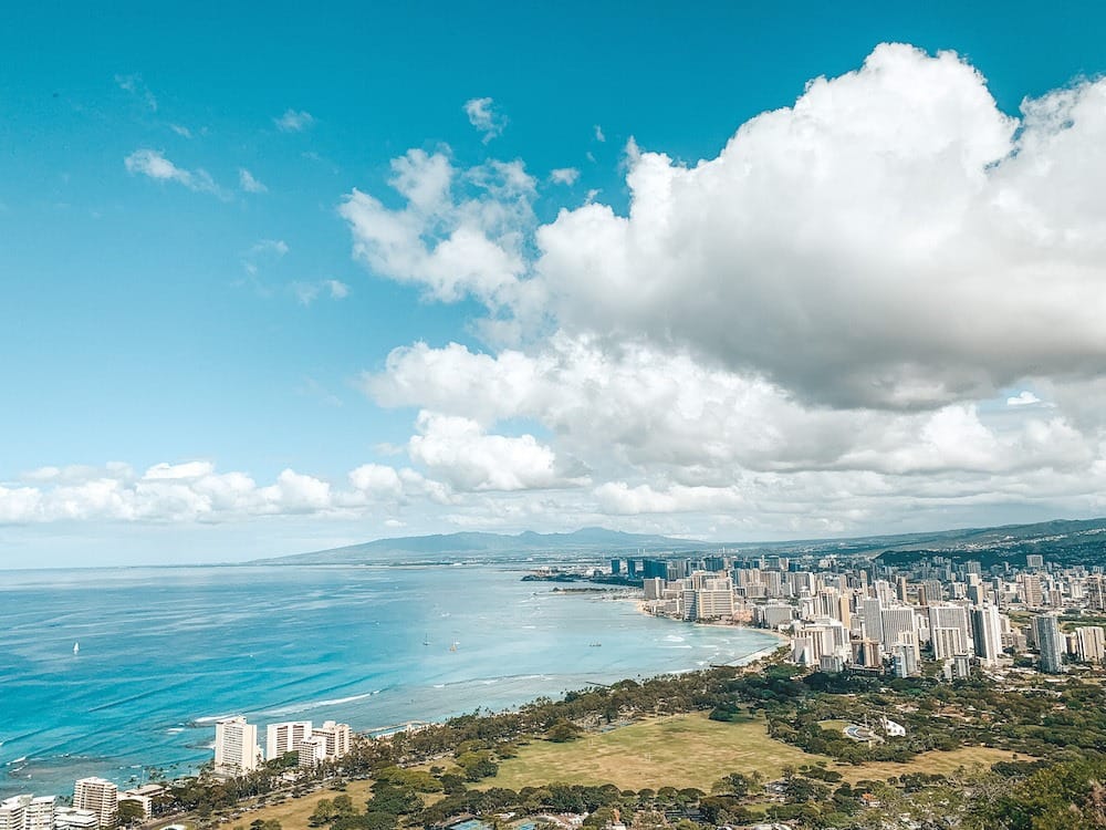 A view of Waikiki and the Pacific Ocean from the top of Diamond Head hiking trail, one of the best things to do in Waikiki