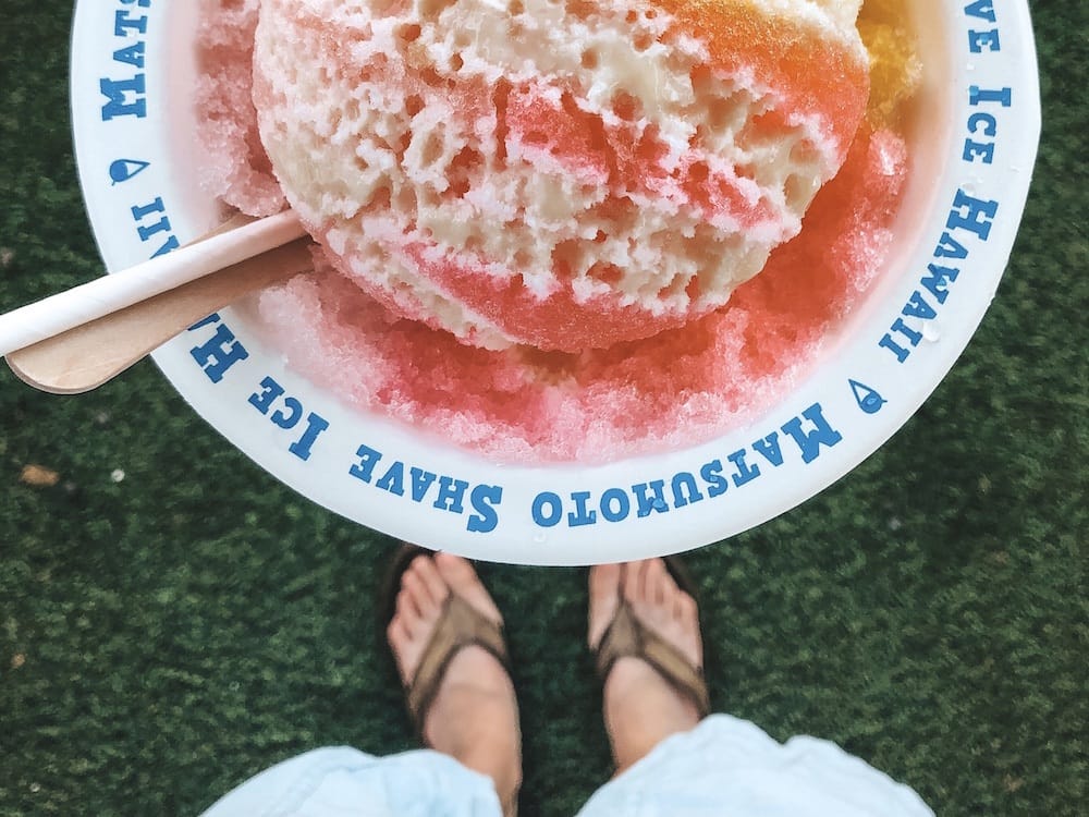 A pink and yellow shave ice from Matsumoto Shave Ice on the North Shore.