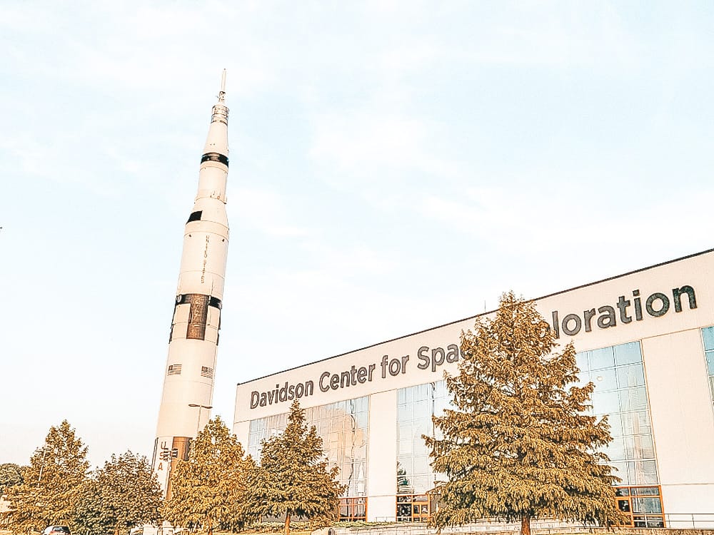 The Davidson Center for Space Exploration and a model rocket in Huntsville.