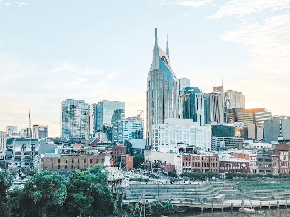 The skyline of Nashville, Tennessee, at dusk.