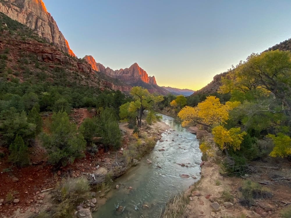 A view of the river, yellow trees, and red rocks in Zion National Park in the fall
