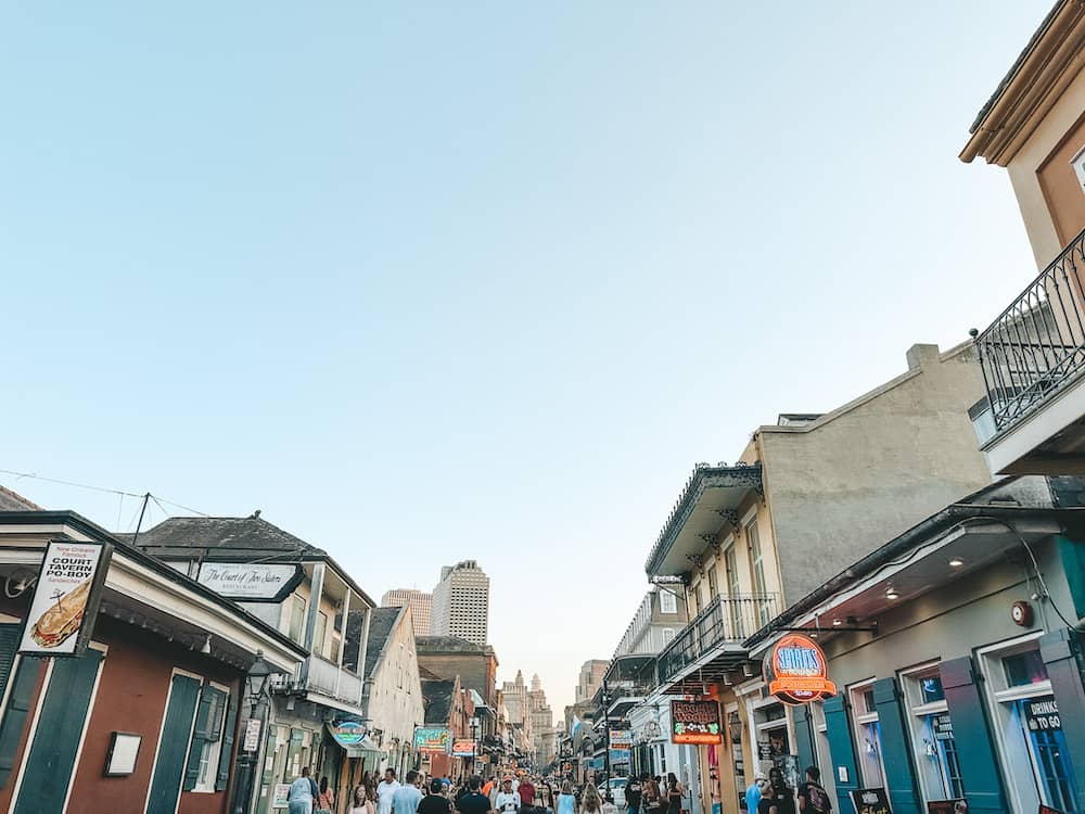 Bourbon Street at dusk, one of the best things to do during a weekend in New Orleans