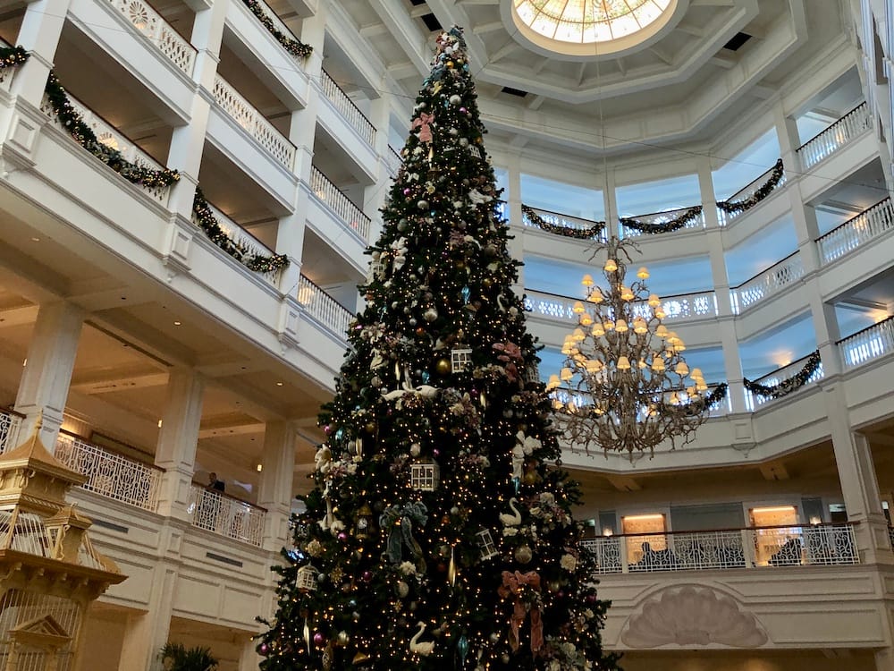 A giant Christmas tree in the upscale Grand Floridian Resort at Walt Disney World