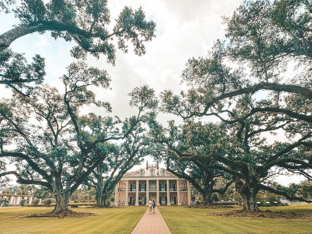 The pathway lined with massive oak trees leading up to the Big House at Oak Alley Plantation in Louisiana.