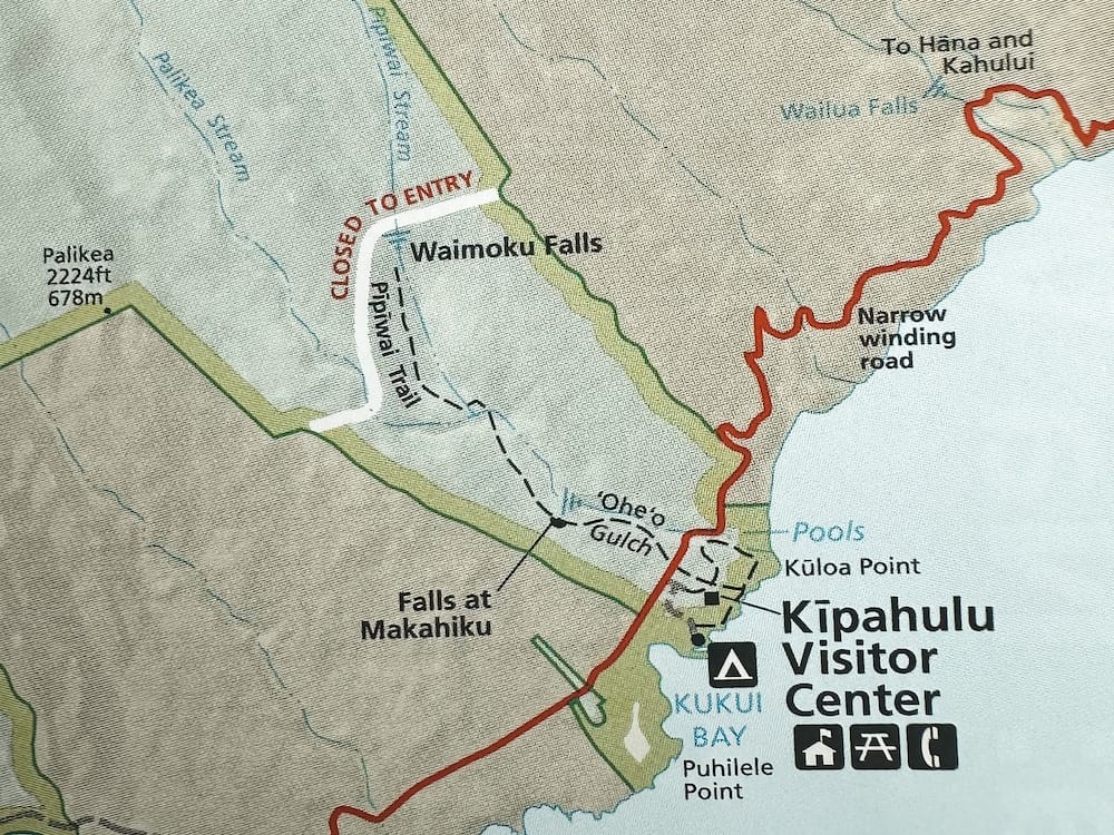 A map of the Kipahulu Visitor Center, showing the Pipiwai Trail, Oheo Gulch, Waimoku Falls, Hana, Wailua Falls, and other attractions