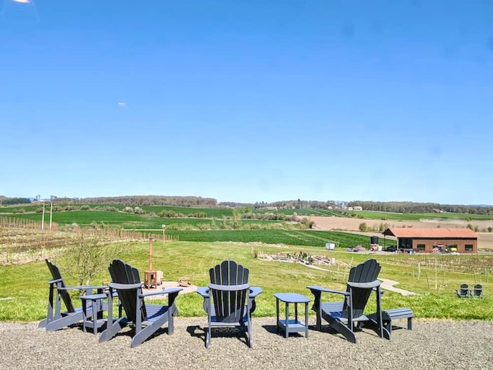 Foud blue chairs sitting overlooking a winery, vineyard, and grassy knoll.