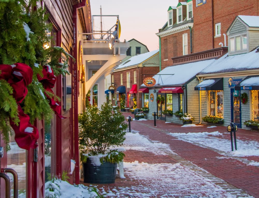 Downtown Newport, Rhode Island, decorated for the holidays, and the red brick pathways dusted with a light layer of snow.