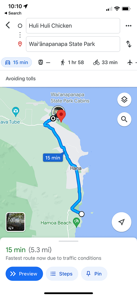 Directions from Huli Huli Chicken to Waianapanapa State Park on Google Maps