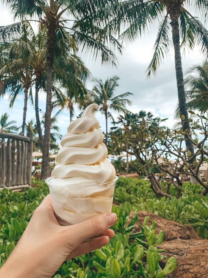 A soft serve Dole Whip in front of several palm trees at the Aulani Resort and Spa on Oahu
