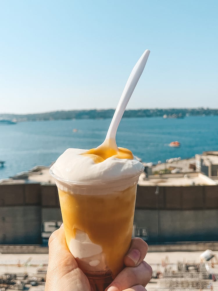 A lemon custard greek yogurt in from of Elliot Bay on Pike Place Market food tours in Seattle
