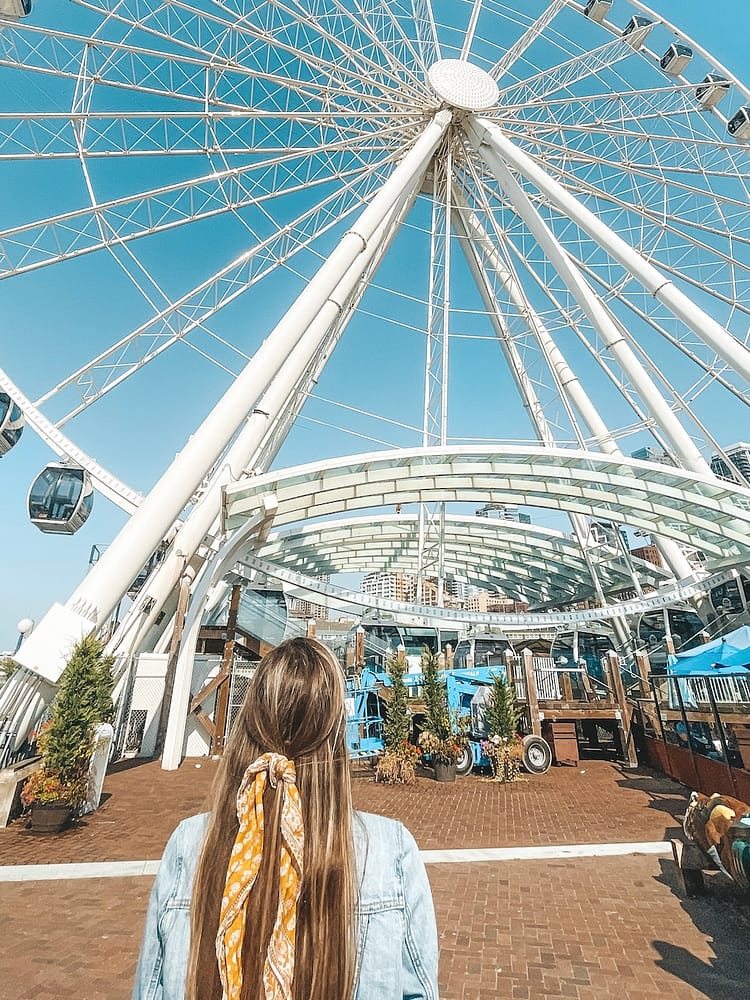 A girl with a yellow hair ribbon in front of the Great Wheel in Seattle.