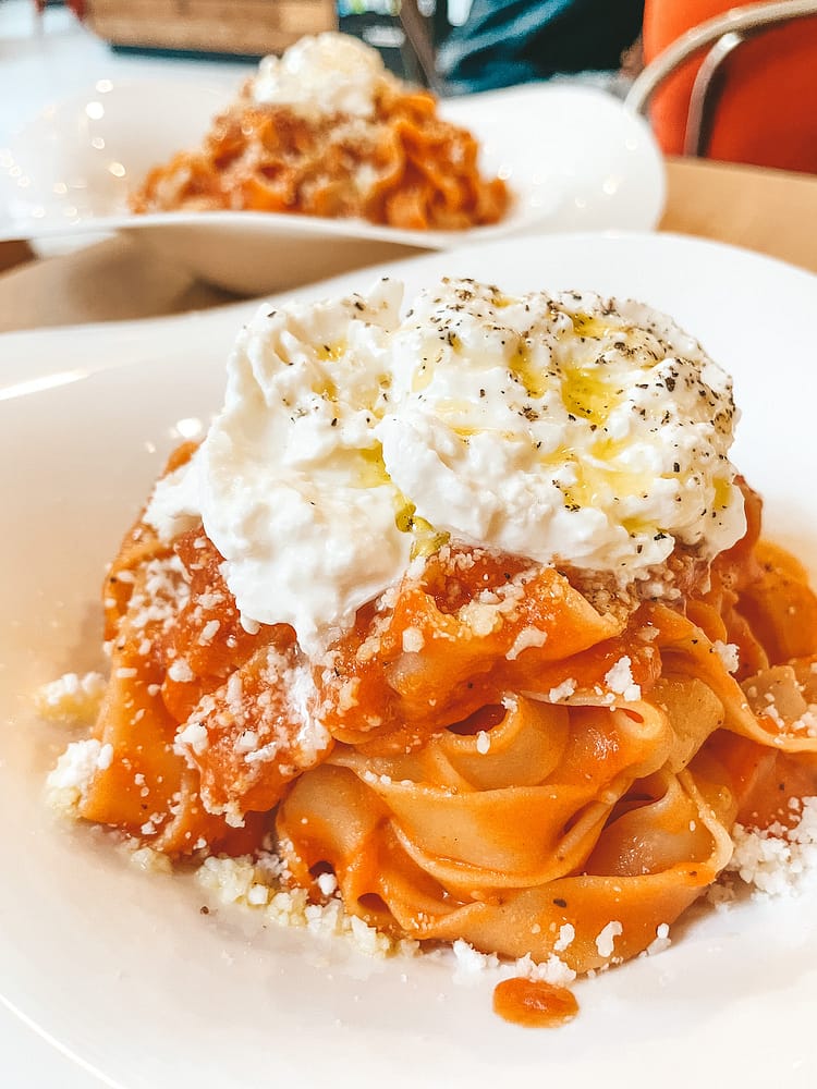 A pasta with burrata from Pike Place Market.