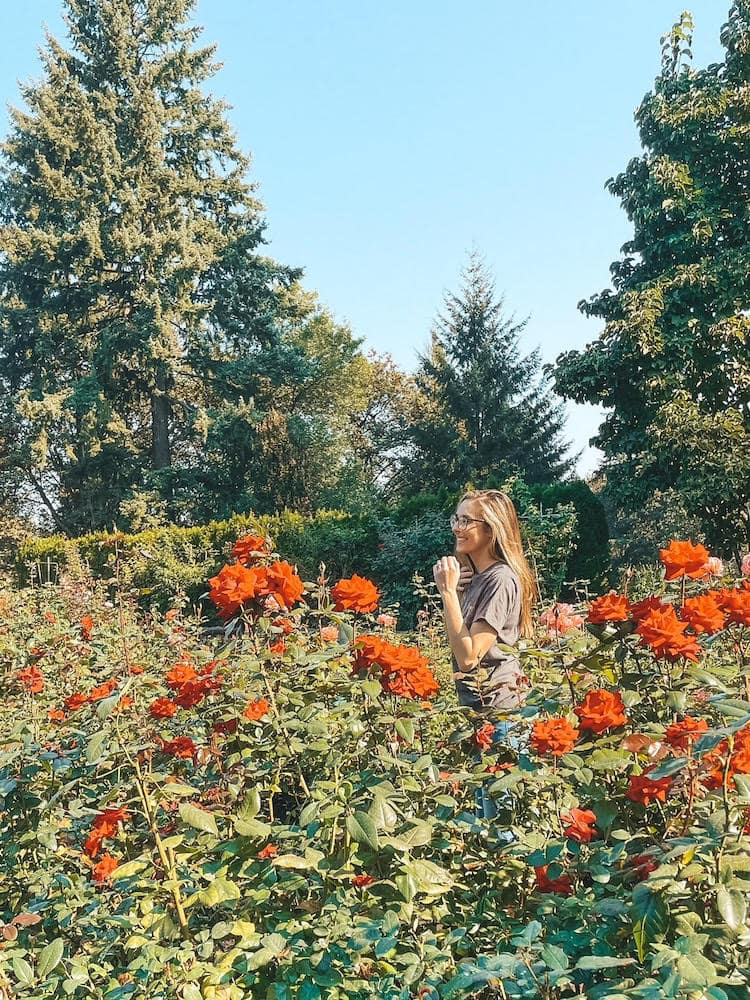 A women standing in a field of roses at the International Rose Test Garden in Portland