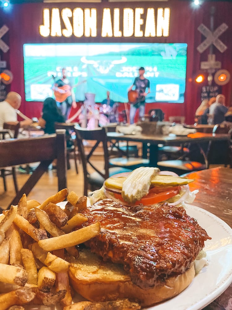 A Nashville Hot Chicken Sandwich and french fries and Jason Aldean’s Kitchen in Nashville