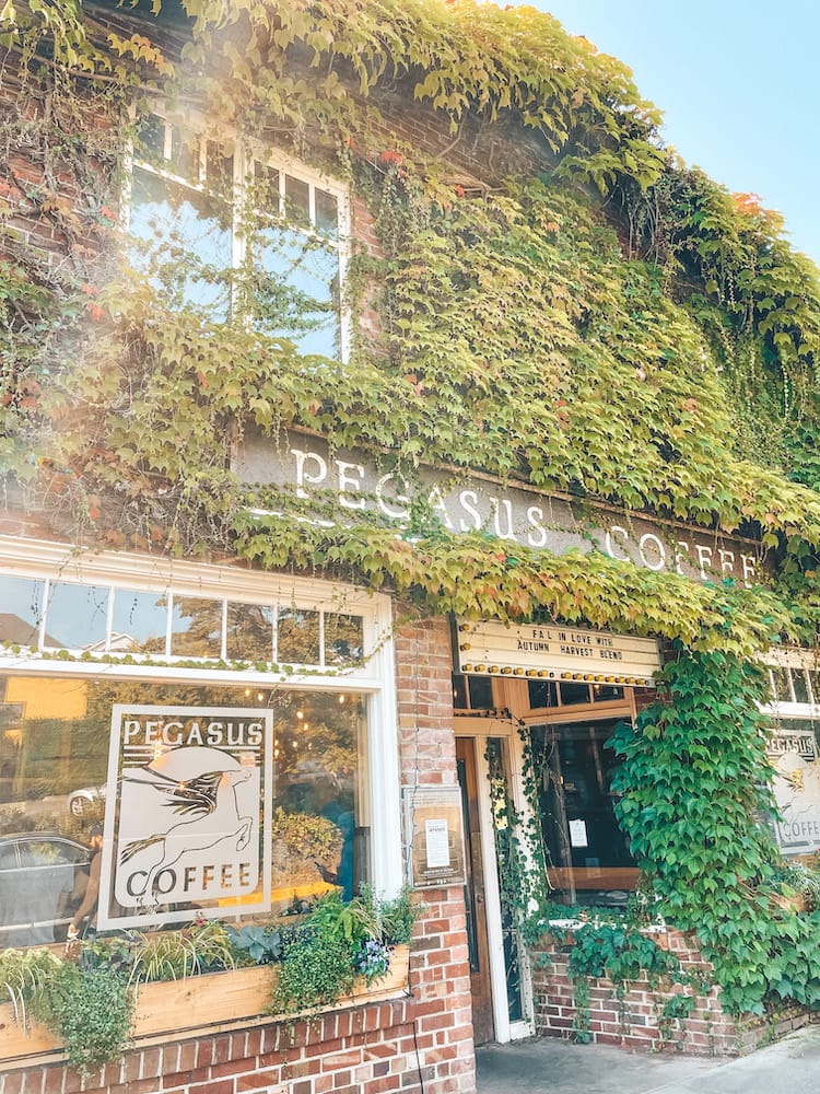 The outside of a coffeehouse with vines on Bainbridge Island