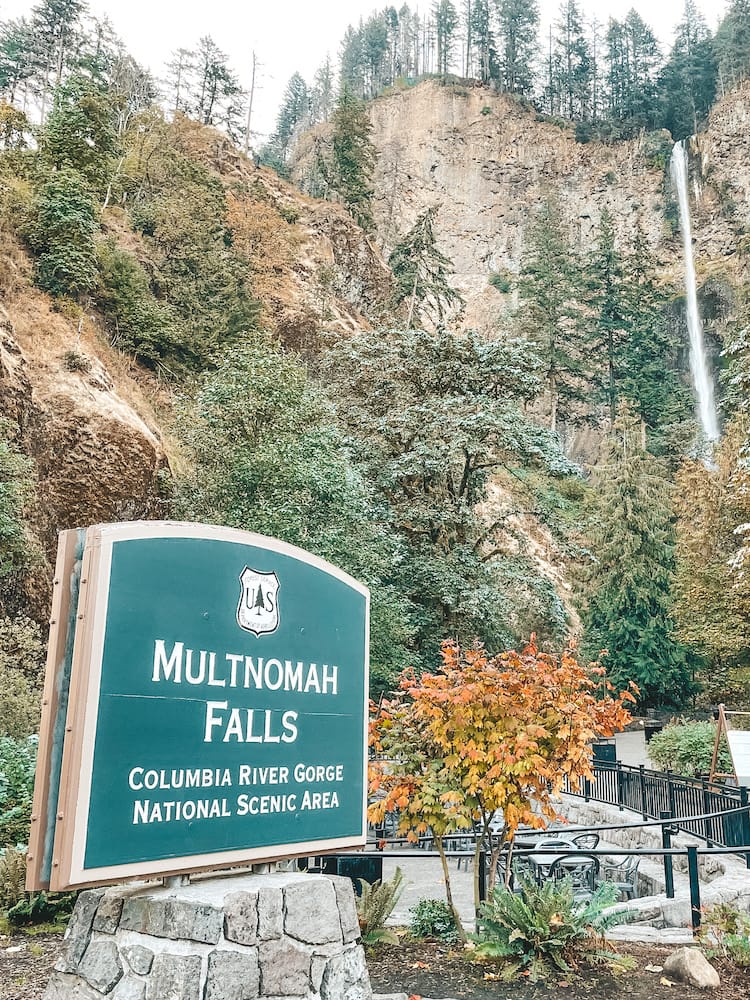 The sign for Multnomah Falls in front of a orange and yellow tree and the waterfall