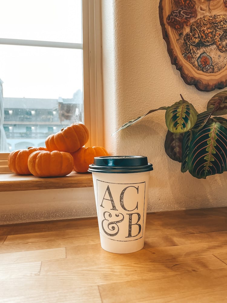A cup of coffee sitting on a table with three pumpkins and a green plant in the background.