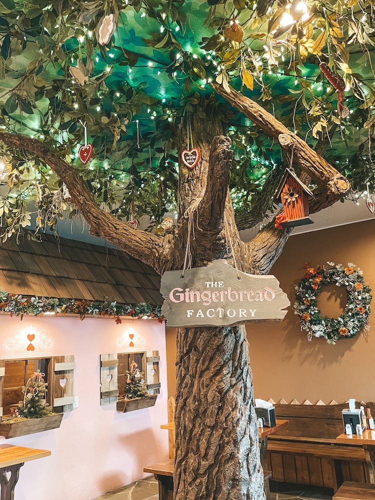 A fake tree inside the Gingerbread Factory, one of the best places to eat in Leavenworth.