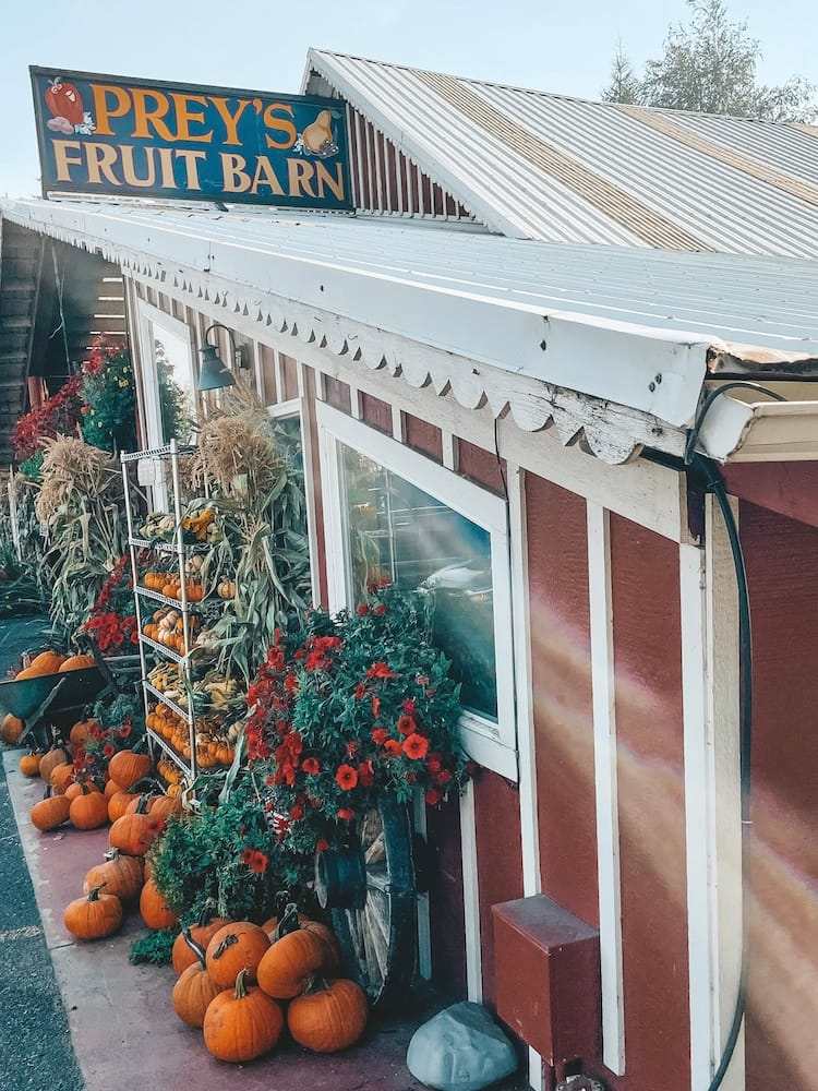 A fruit barn with pumpkins, flowers, and other fall decorations outside.