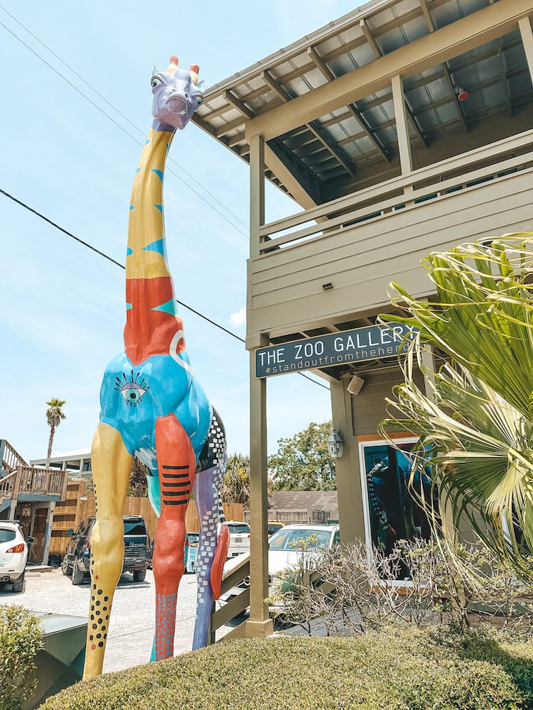 A giant giraffe sculpture that is red, blue, yellow, and purple standing in front of a store called The Zoo Gallery, one of the best things to do in Grayton Beach.
