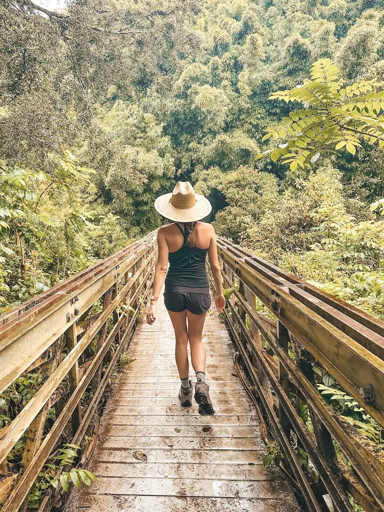 A woman wearing a black tank top, black shorts, and a straw hat walking over a bridge in a rainforest.