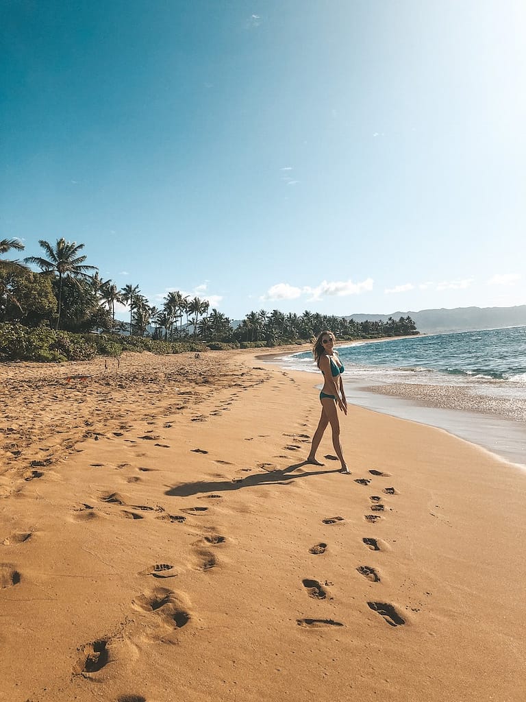 A girl standing on a beach in the distance with her footprints leading through the golden sand. To the left, there are several palm trees and bushes, and to the right, the ocean is lapping the shore.