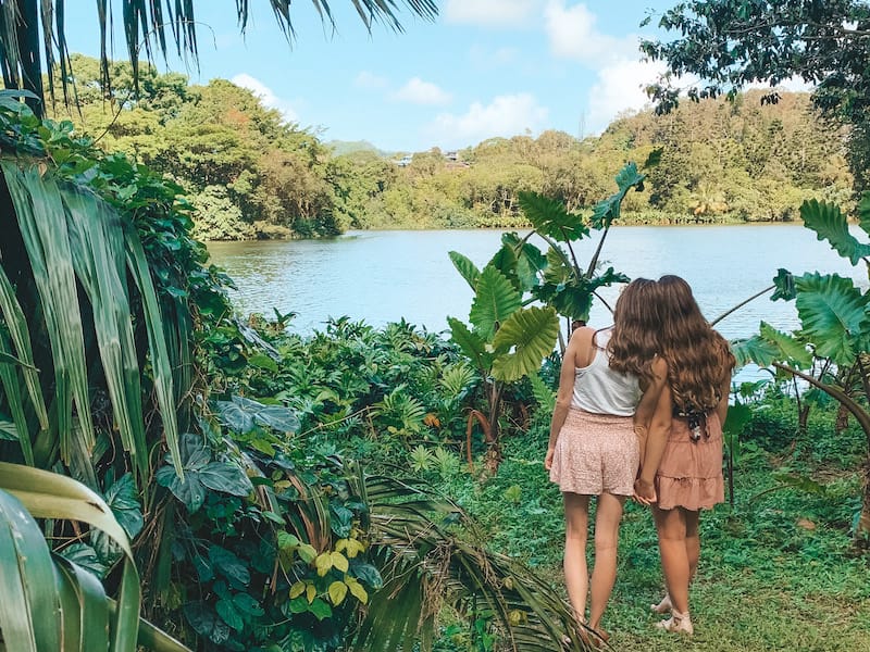 Two girls standing and overlooking the lush greenery and pristine lakes at Ho’omaluhia Botanical Gardens, one of the best things to do in Oahu for free