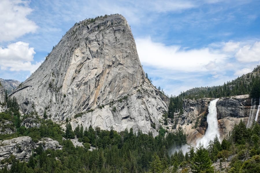 The granite boulder and waterfall in Yosemite National Park in October.