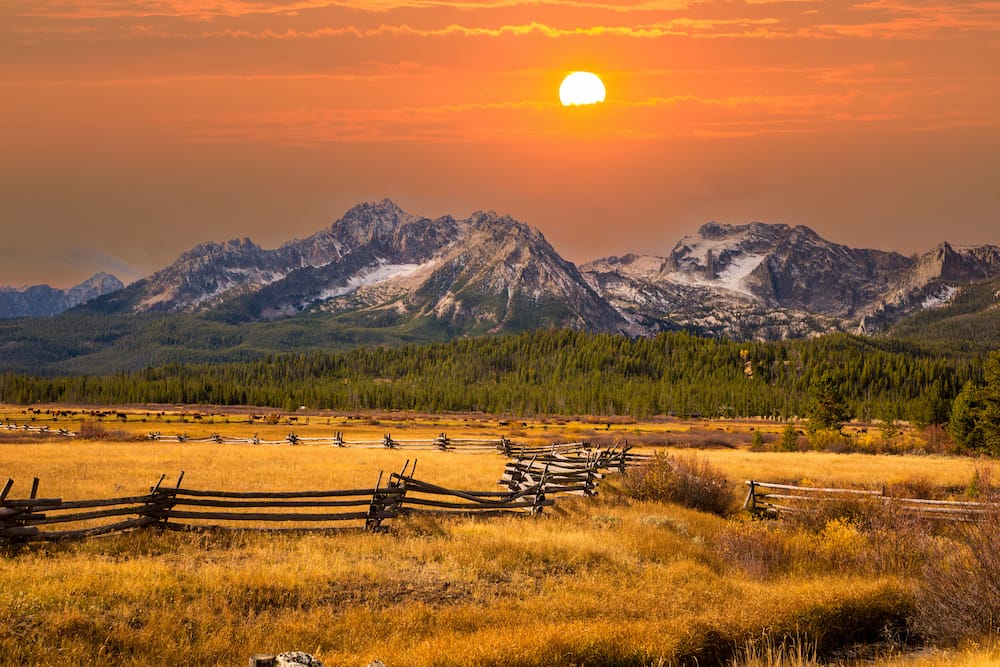 A gorgeous sunset in Stanley, Idaho, in front of the Sawtooth Mountains.