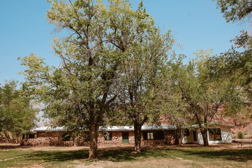 Green trees surrounding a brick building at an orchard
