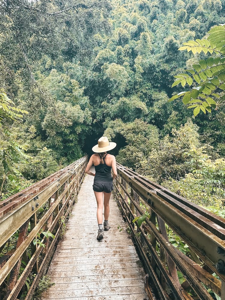 A woman in a black tank top and hiking boots and a straw hat walking across a bridge on the Pipiwai Trail on the Road to Hana