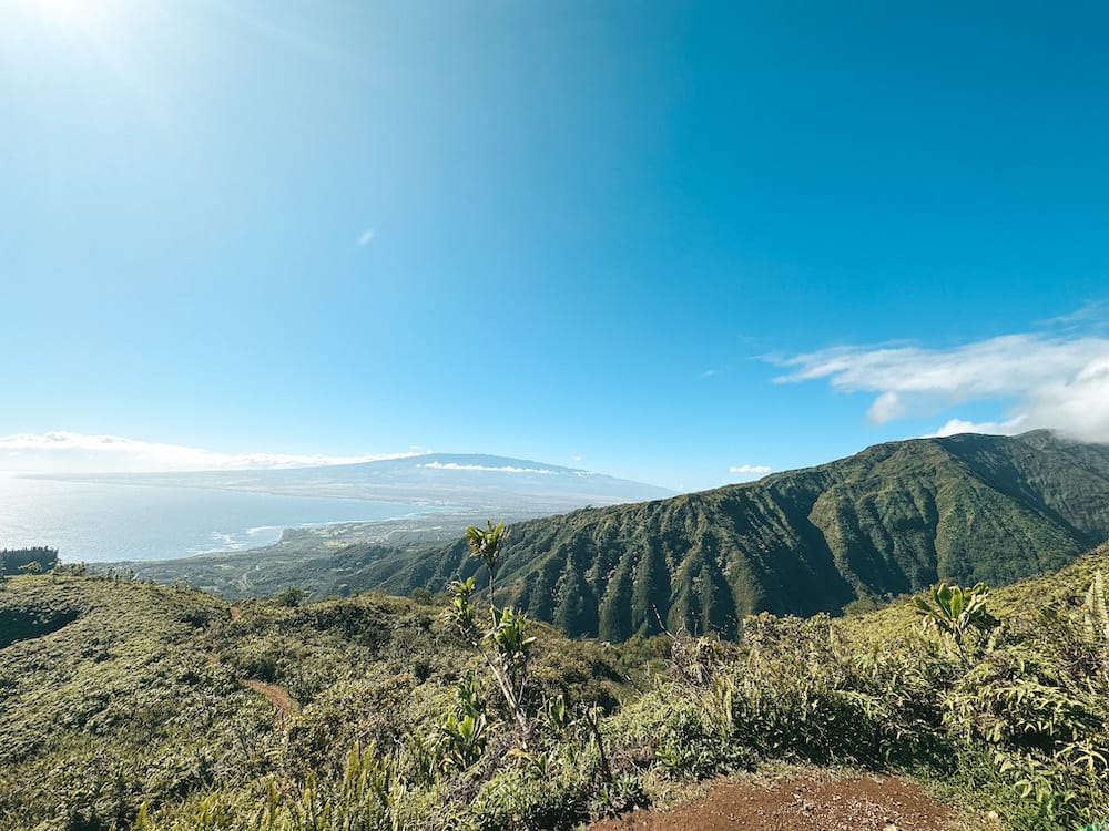 A panoramic view of mountains carpeted in greenery, the blue sky, and the ocean in the distance.